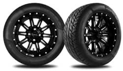 Show details for 14  gloss black and machined zeus wheel with      23x10-14" kraken tires Picture of 14  gloss black and machined zeus wheel with      23x10-14" kraken tires